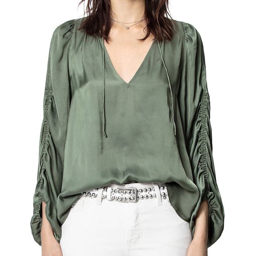Zadig & Voltaire Green Twenty Ruched Sleeve Satin Blouse